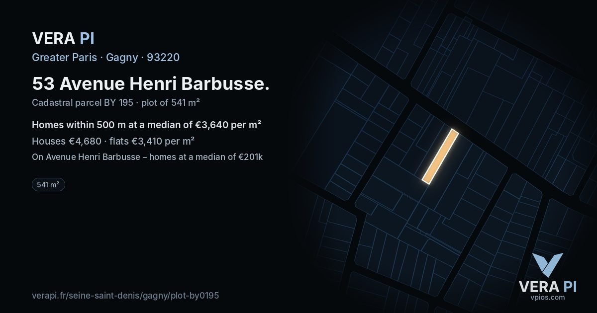 53 Avenue Henri Barbusse, Gagny at night – the plot lit, the parcels around coloured by the prices near them