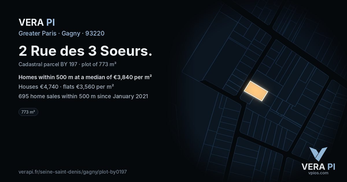 2 Rue des 3 Soeurs, Gagny at night – the plot lit, the parcels around coloured by the prices near them