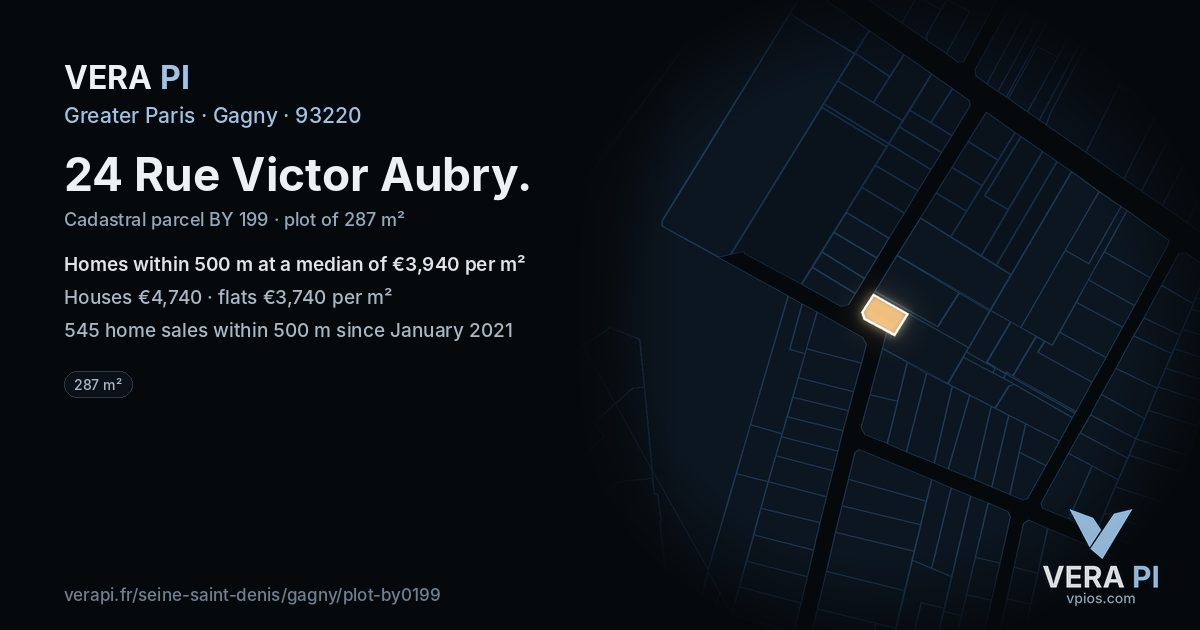 24 Rue Victor Aubry, Gagny at night – the plot lit, the parcels around coloured by the prices near them
