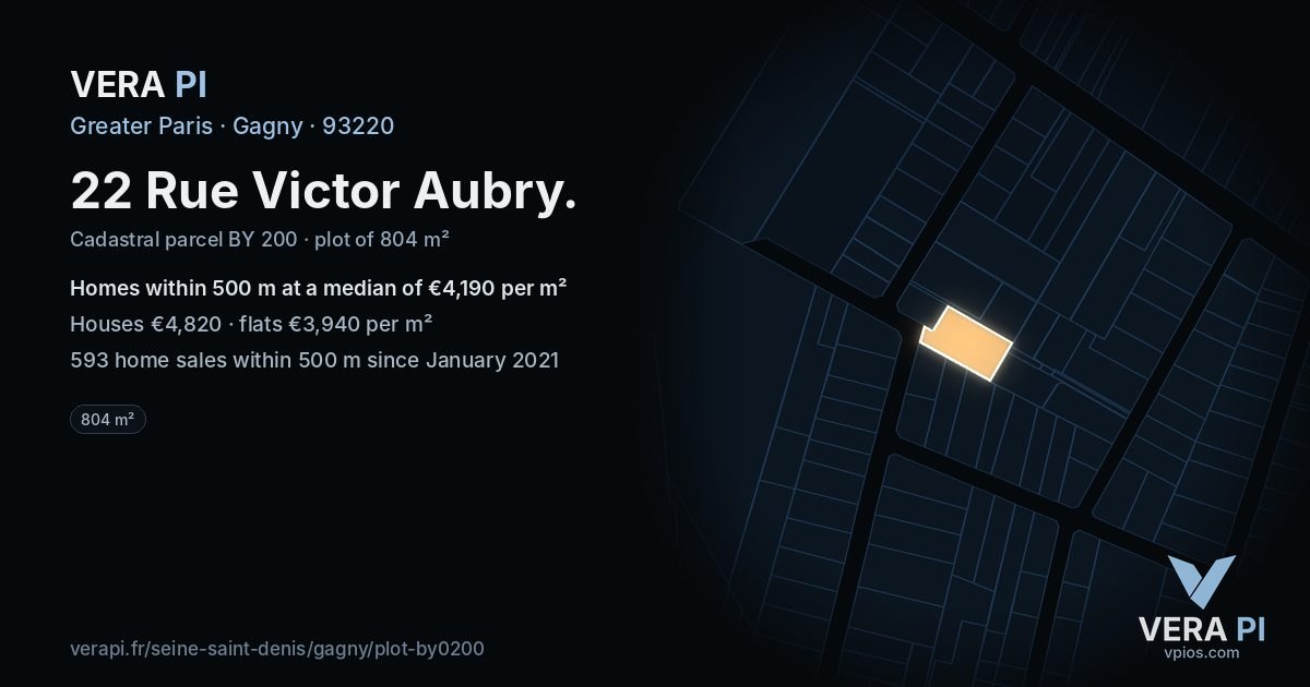 22 Rue Victor Aubry, Gagny at night – the plot lit, the parcels around coloured by the prices near them