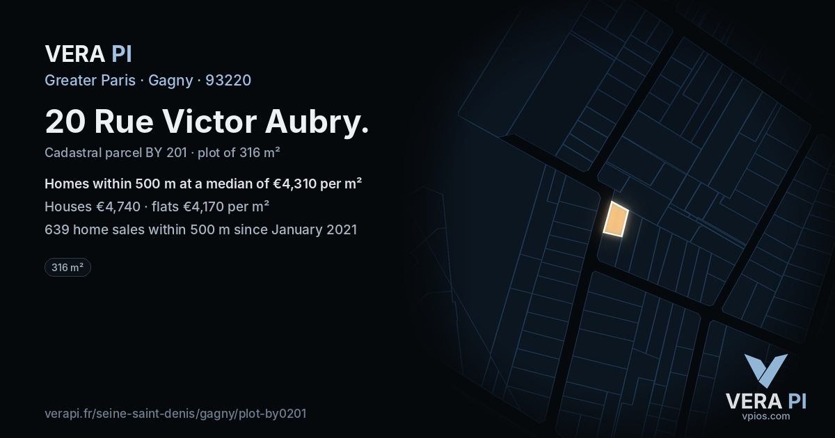 20 Rue Victor Aubry, Gagny at night – the plot lit, the parcels around coloured by the prices near them
