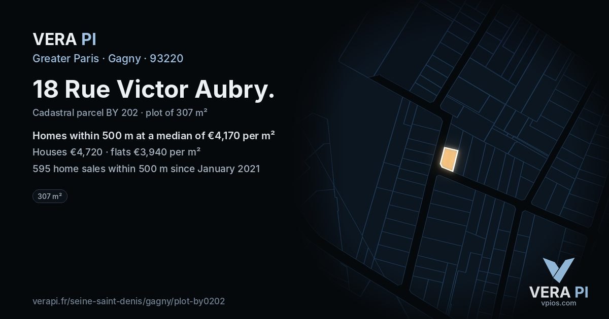 18 Rue Victor Aubry, Gagny at night – the plot lit, the parcels around coloured by the prices near them