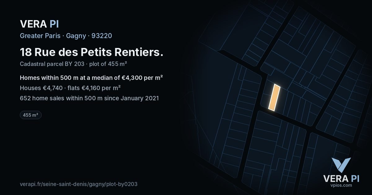 18 Rue des Petits Rentiers, Gagny at night – the plot lit, the parcels around coloured by the prices near them