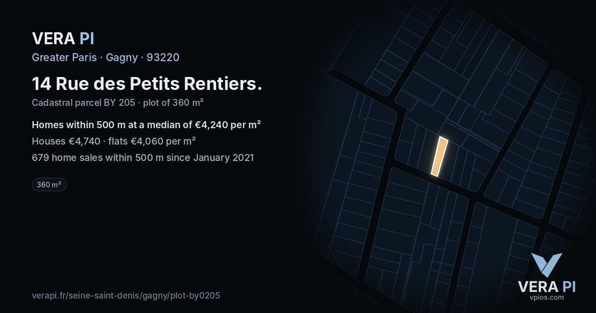 14 Rue des Petits Rentiers, Gagny at night – the plot lit, the parcels around coloured by the prices near them