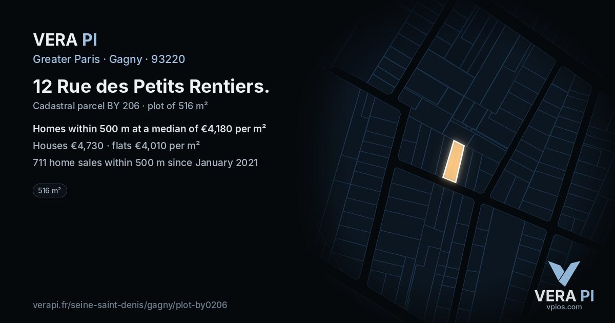12 Rue des Petits Rentiers, Gagny at night – the plot lit, the parcels around coloured by the prices near them