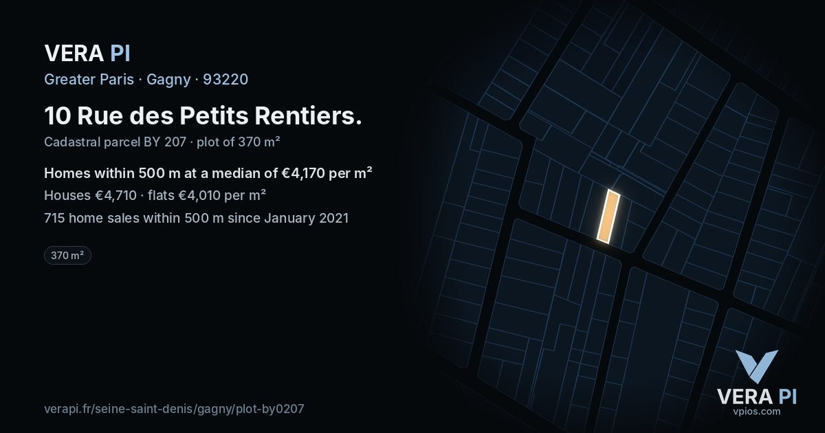 10 Rue des Petits Rentiers, Gagny at night – the plot lit, the parcels around coloured by the prices near them