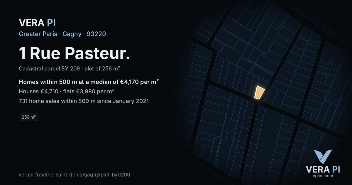 1 Rue Pasteur, Gagny at night – the plot lit, the parcels around coloured by the prices near them
