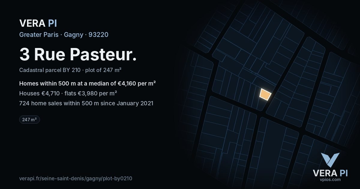 3 Rue Pasteur, Gagny at night – the plot lit, the parcels around coloured by the prices near them