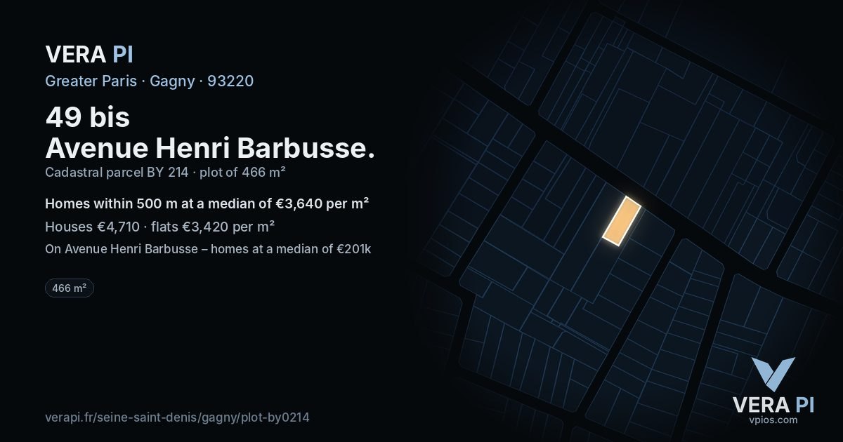 49 bis Avenue Henri Barbusse, Gagny at night – the plot lit, the parcels around coloured by the prices near them