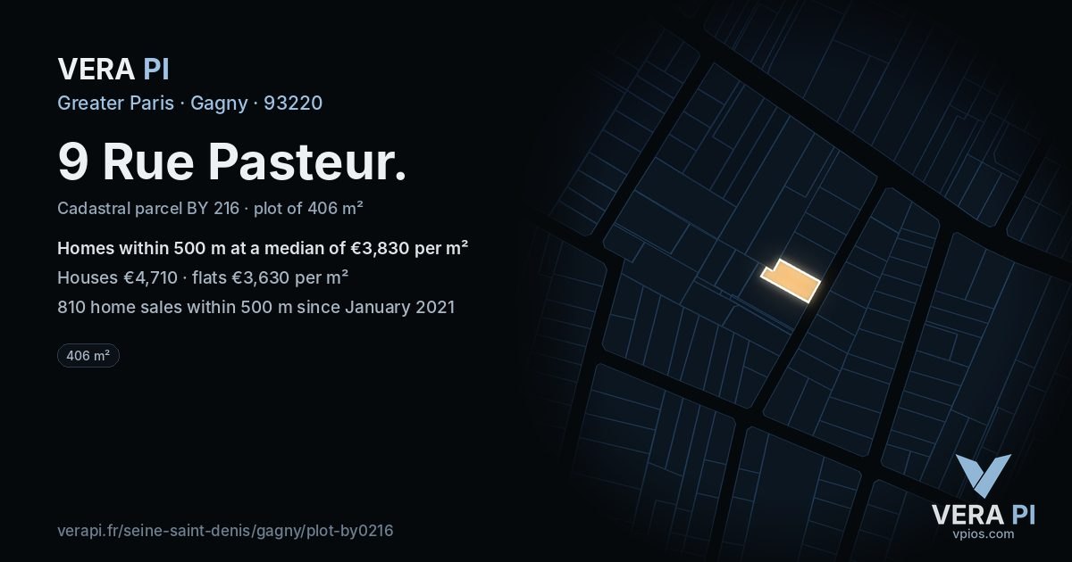 9 Rue Pasteur, Gagny at night – the plot lit, the parcels around coloured by the prices near them