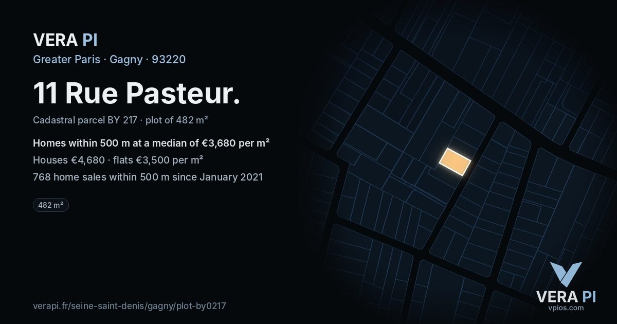 11 Rue Pasteur, Gagny at night – the plot lit, the parcels around coloured by the prices near them