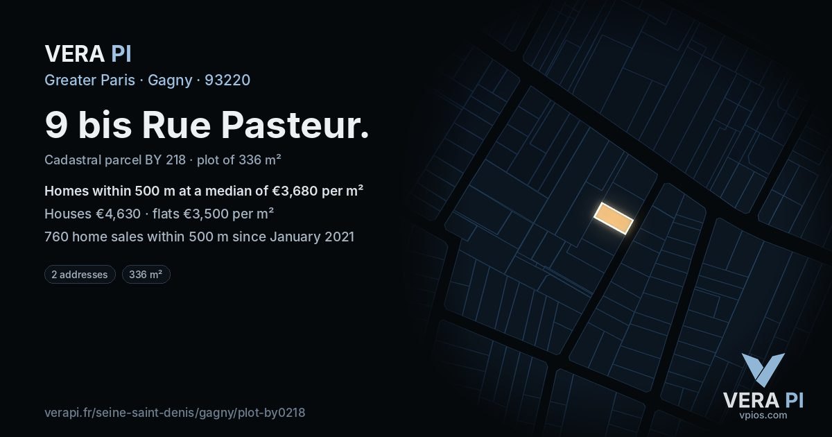 9 bis Rue Pasteur, Gagny at night – the plot lit, the parcels around coloured by the prices near them