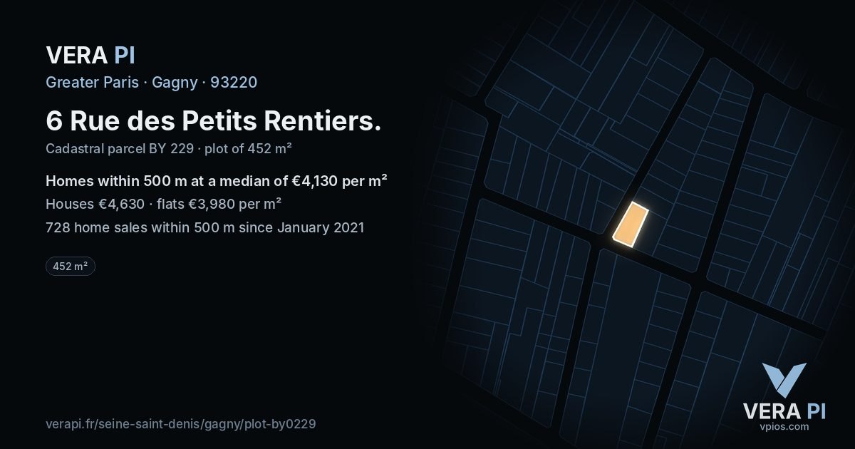 6 Rue des Petits Rentiers, Gagny at night – the plot lit, the parcels around coloured by the prices near them