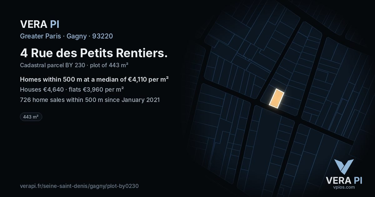 4 Rue des Petits Rentiers, Gagny at night – the plot lit, the parcels around coloured by the prices near them