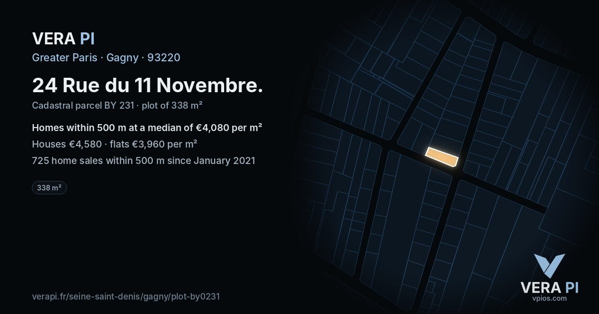 24 Rue du 11 Novembre, Gagny at night – the plot lit, the parcels around coloured by the prices near them