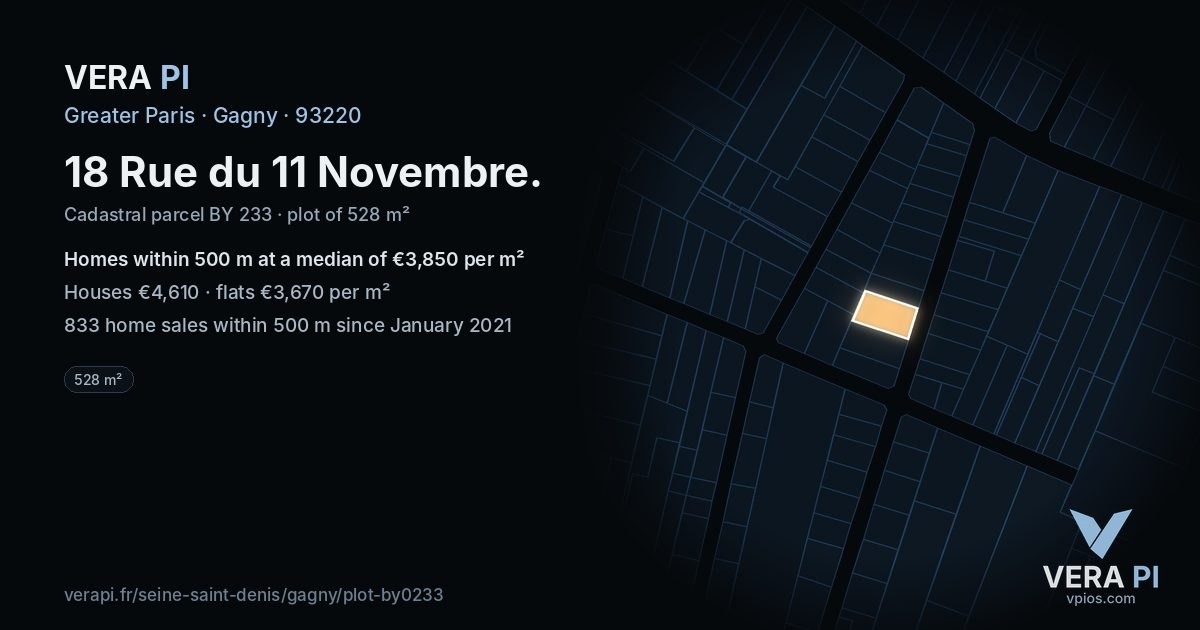 18 Rue du 11 Novembre, Gagny at night – the plot lit, the parcels around coloured by the prices near them