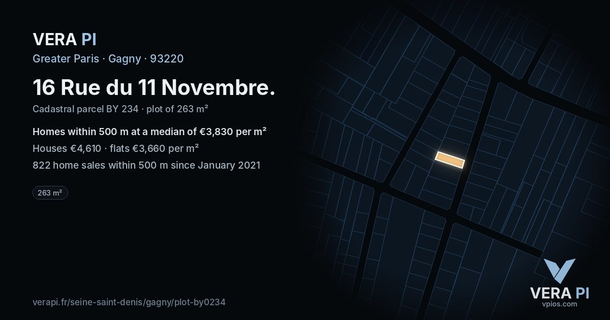 16 Rue du 11 Novembre, Gagny at night – the plot lit, the parcels around coloured by the prices near them