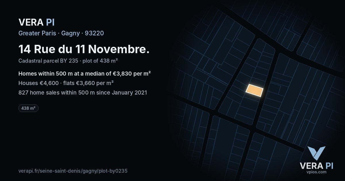 14 Rue du 11 Novembre, Gagny at night – the plot lit, the parcels around coloured by the prices near them