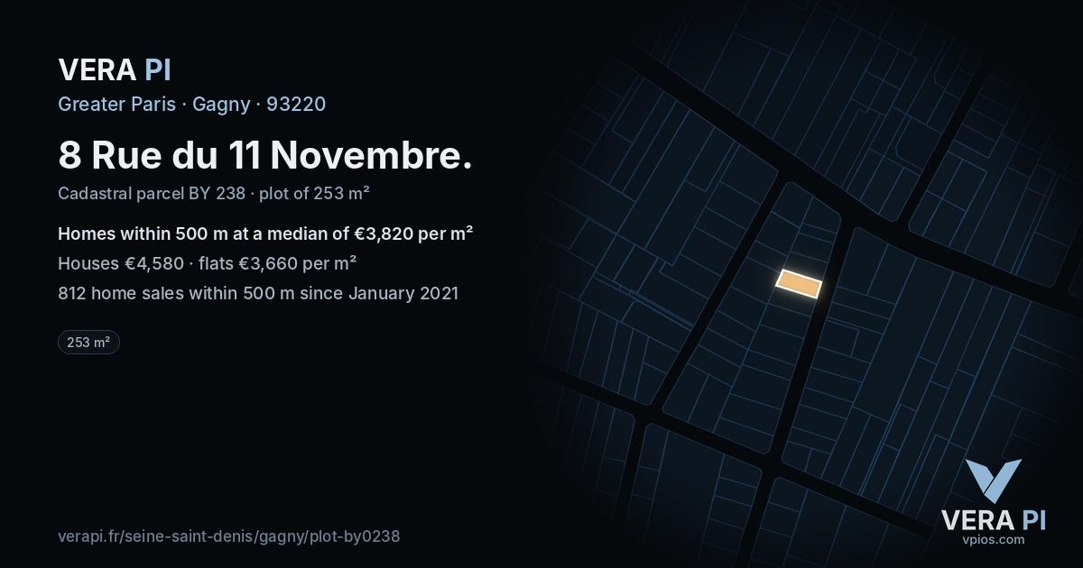 8 Rue du 11 Novembre, Gagny at night – the plot lit, the parcels around coloured by the prices near them