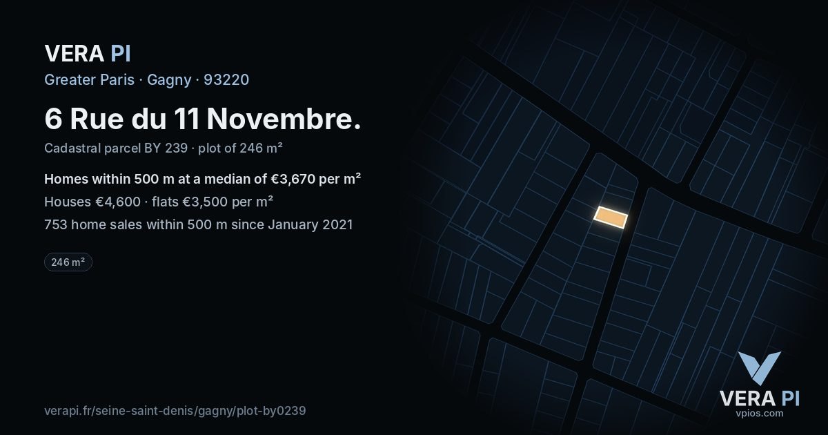 6 Rue du 11 Novembre, Gagny at night – the plot lit, the parcels around coloured by the prices near them