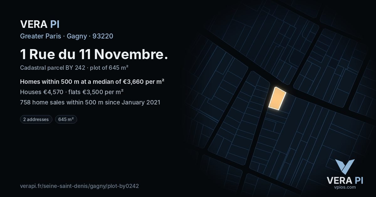 1 Rue du 11 Novembre, Gagny at night – the plot lit, the parcels around coloured by the prices near them