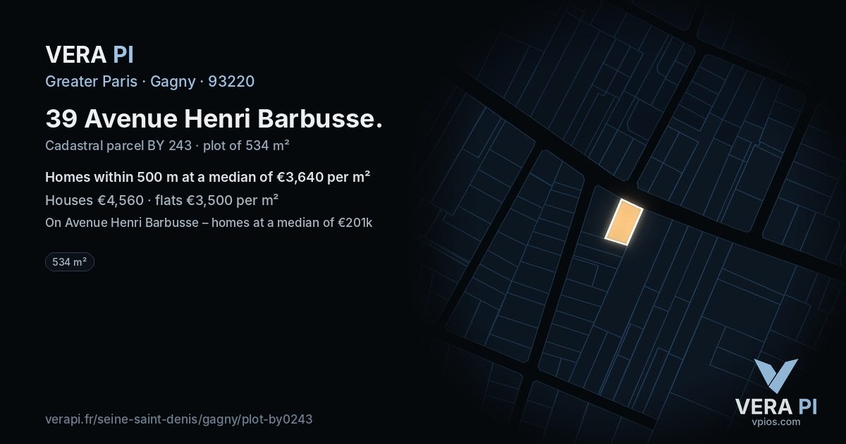 39 Avenue Henri Barbusse, Gagny at night – the plot lit, the parcels around coloured by the prices near them