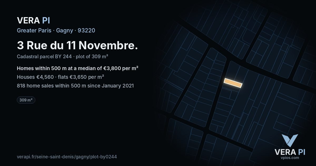 3 Rue du 11 Novembre, Gagny at night – the plot lit, the parcels around coloured by the prices near them