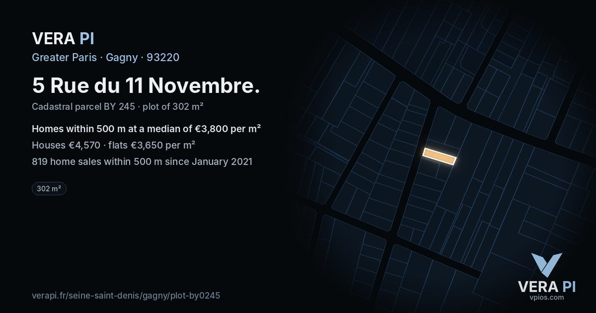 5 Rue du 11 Novembre, Gagny at night – the plot lit, the parcels around coloured by the prices near them