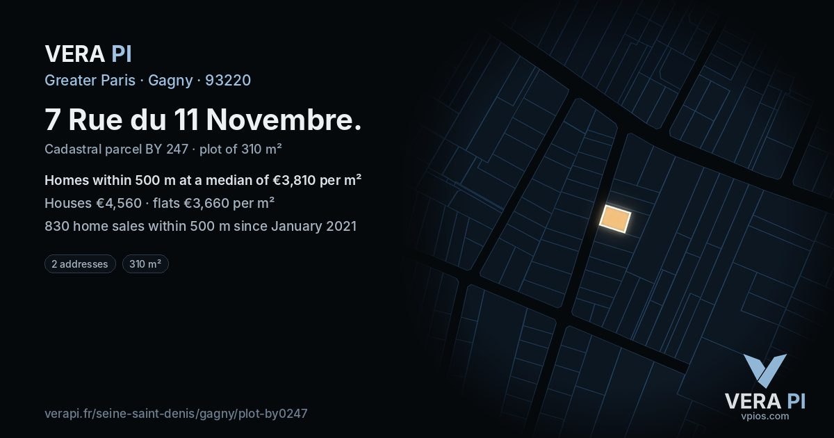 7 Rue du 11 Novembre, Gagny at night – the plot lit, the parcels around coloured by the prices near them