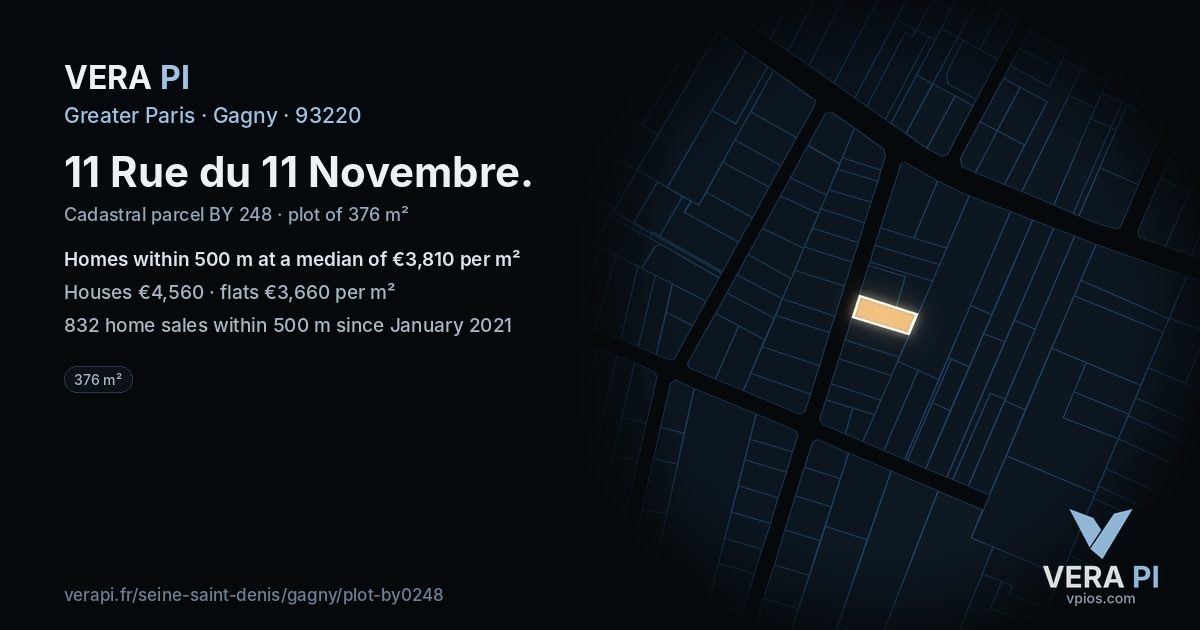 11 Rue du 11 Novembre, Gagny at night – the plot lit, the parcels around coloured by the prices near them
