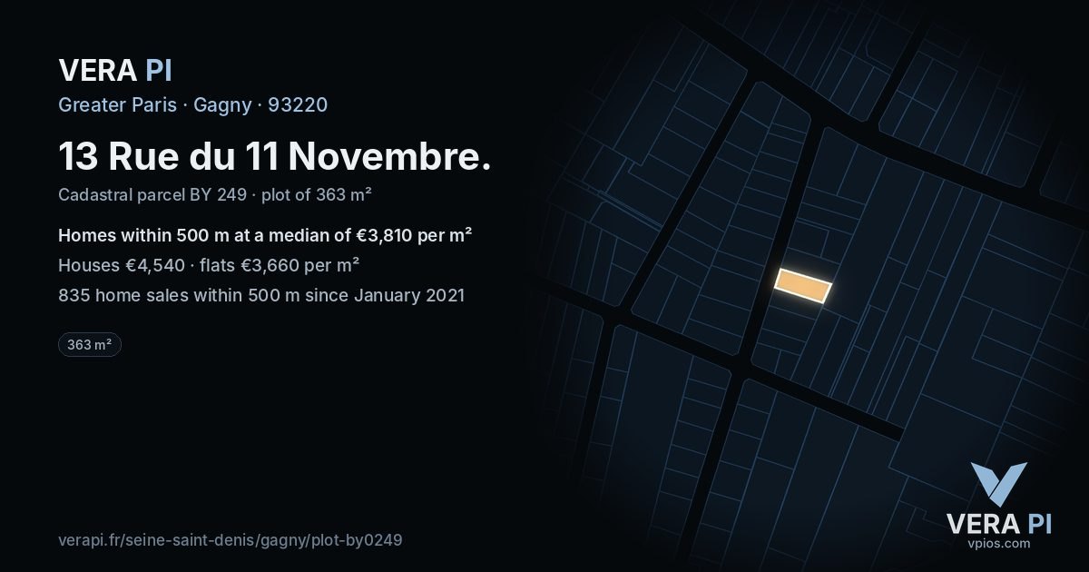 13 Rue du 11 Novembre, Gagny at night – the plot lit, the parcels around coloured by the prices near them