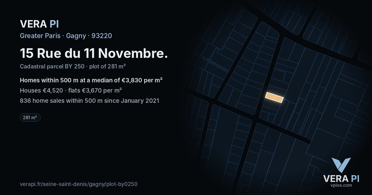 15 Rue du 11 Novembre, Gagny at night – the plot lit, the parcels around coloured by the prices near them