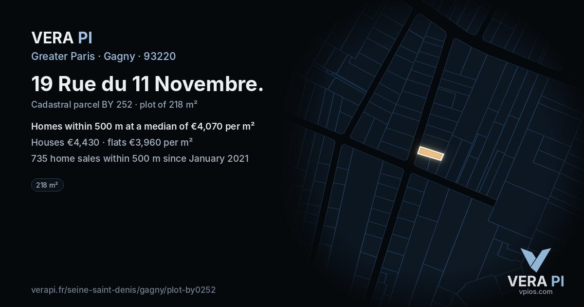 19 Rue du 11 Novembre, Gagny at night – the plot lit, the parcels around coloured by the prices near them