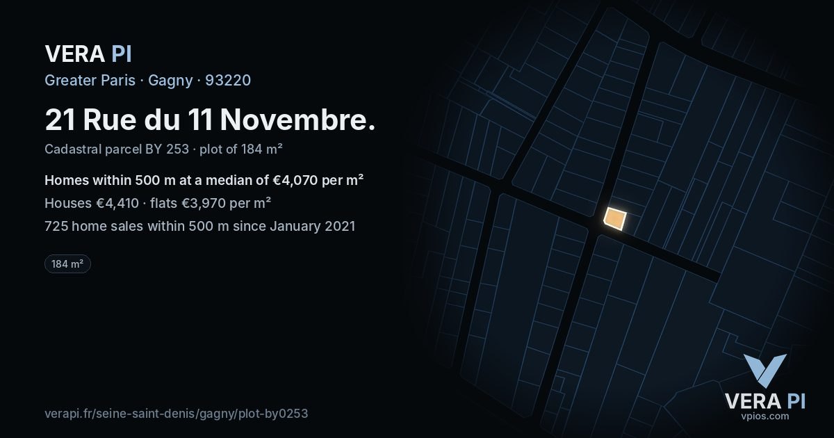 21 Rue du 11 Novembre, Gagny at night – the plot lit, the parcels around coloured by the prices near them