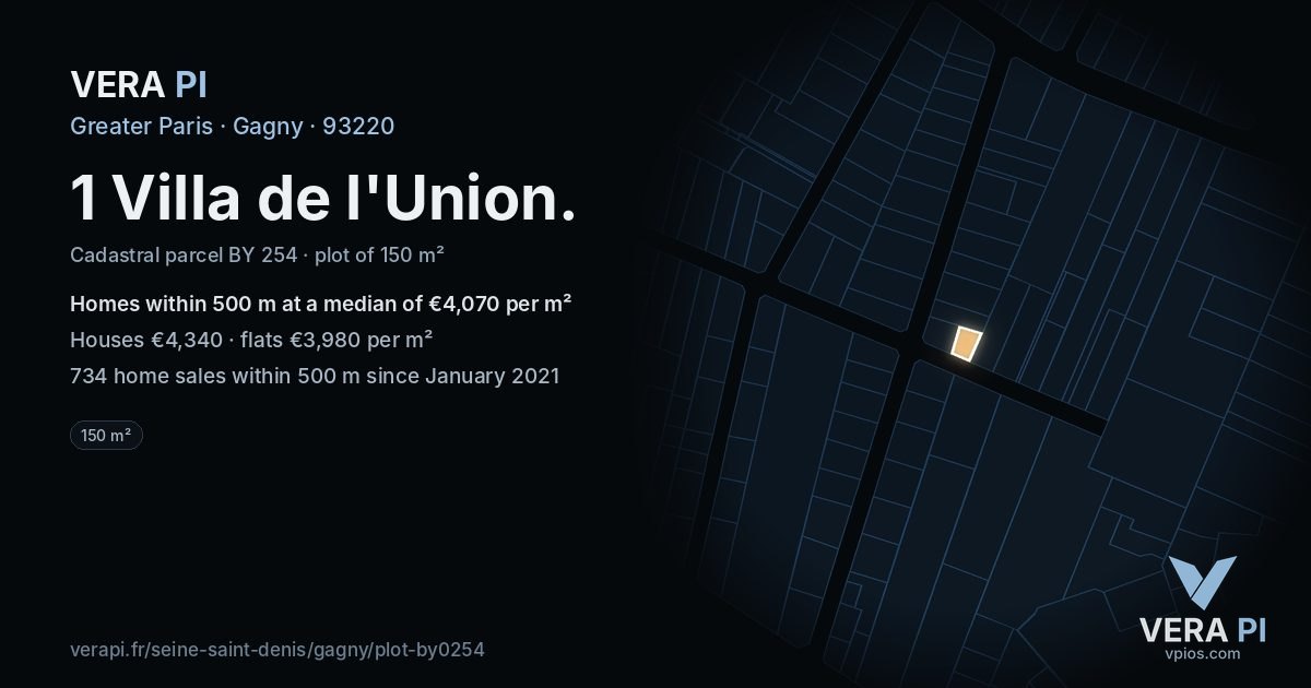 1 Villa de l'Union, Gagny at night – the plot lit, the parcels around coloured by the prices near them
