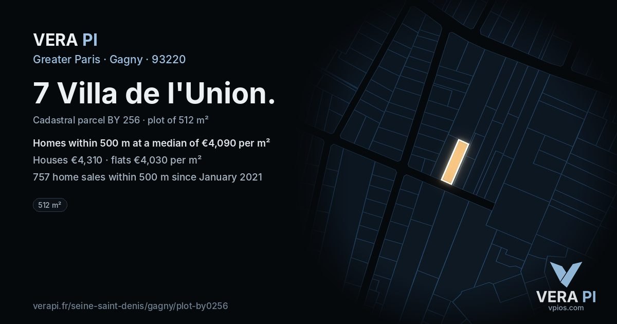 7 Villa de l'Union, Gagny at night – the plot lit, the parcels around coloured by the prices near them