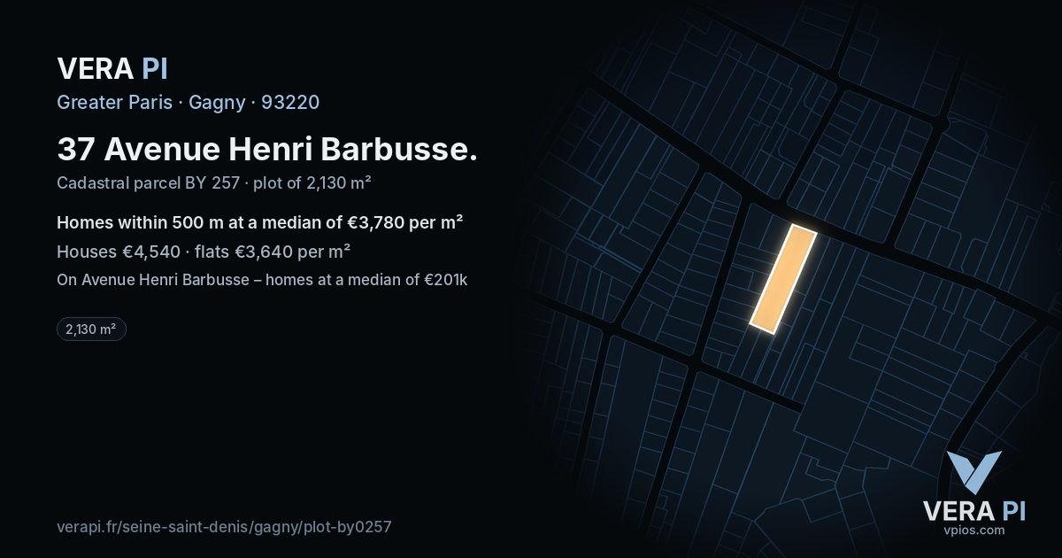 37 Avenue Henri Barbusse, Gagny at night – the plot lit, the parcels around coloured by the prices near them