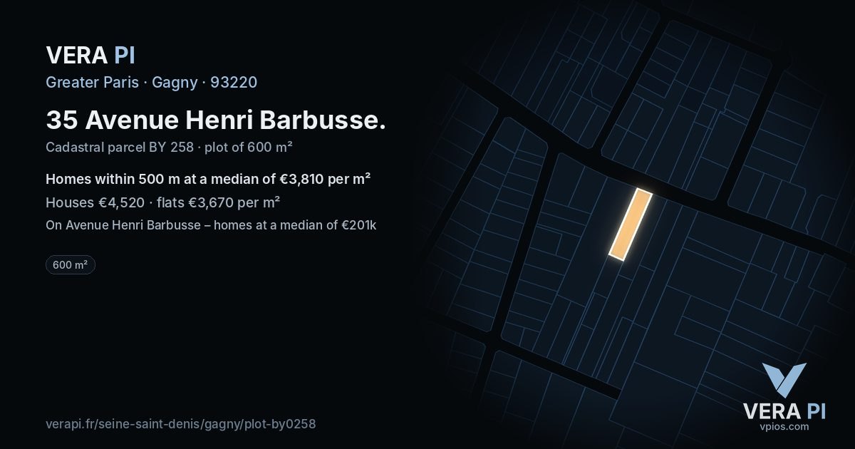 35 Avenue Henri Barbusse, Gagny at night – the plot lit, the parcels around coloured by the prices near them
