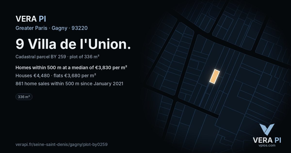 9 Villa de l'Union, Gagny at night – the plot lit, the parcels around coloured by the prices near them