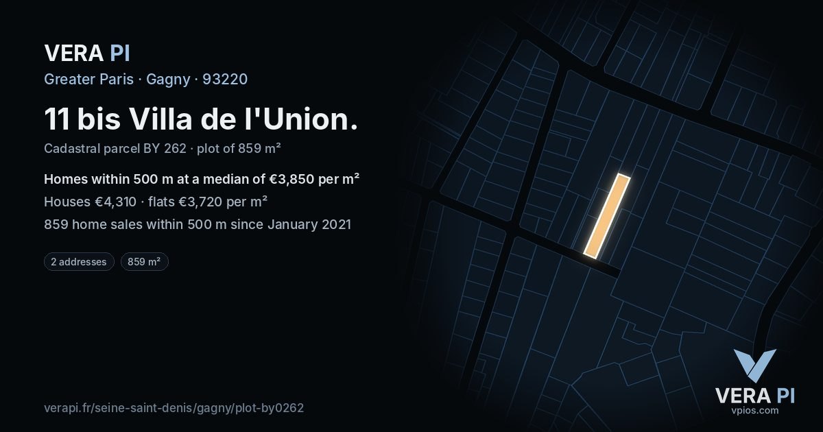 11 bis Villa de l'Union, Gagny at night – the plot lit, the parcels around coloured by the prices near them