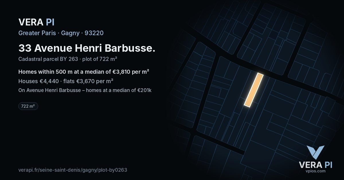 33 Avenue Henri Barbusse, Gagny at night – the plot lit, the parcels around coloured by the prices near them