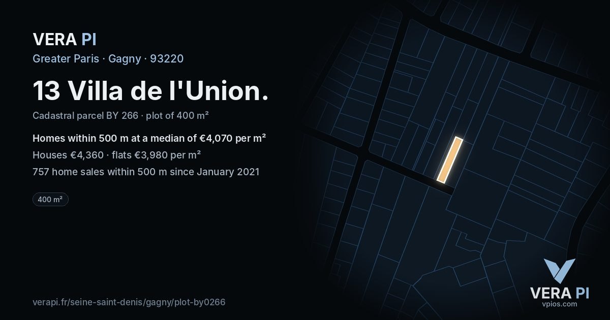 13 Villa de l'Union, Gagny at night – the plot lit, the parcels around coloured by the prices near them