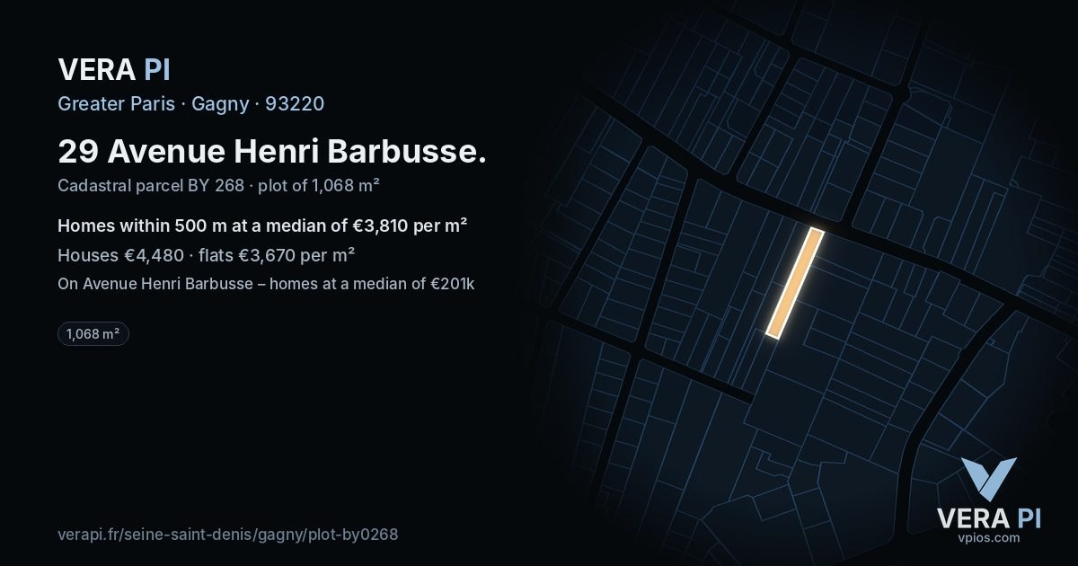 29 Avenue Henri Barbusse, Gagny at night – the plot lit, the parcels around coloured by the prices near them