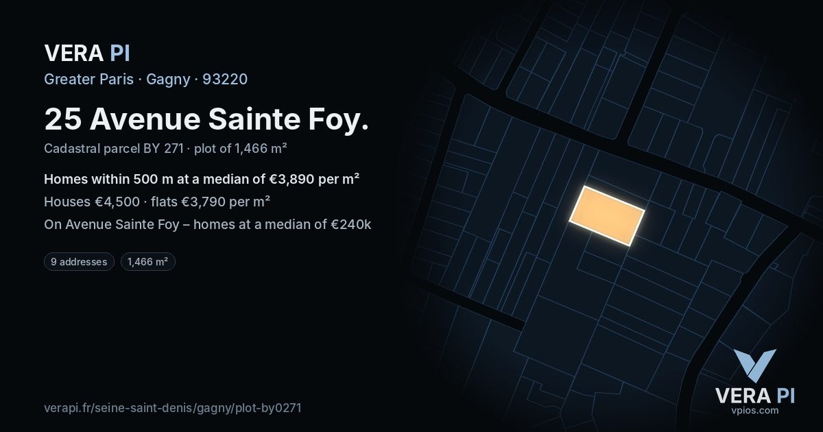 25 Avenue Sainte Foy, Gagny at night – the plot lit, the parcels around coloured by the prices near them
