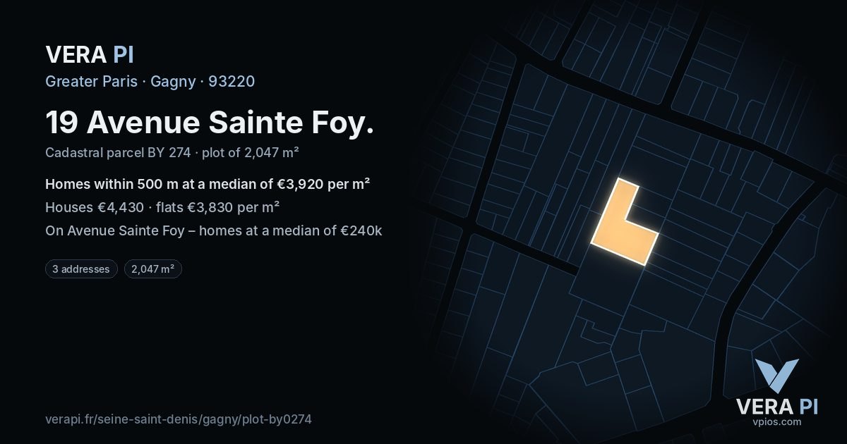 19 Avenue Sainte Foy, Gagny at night – the plot lit, the parcels around coloured by the prices near them