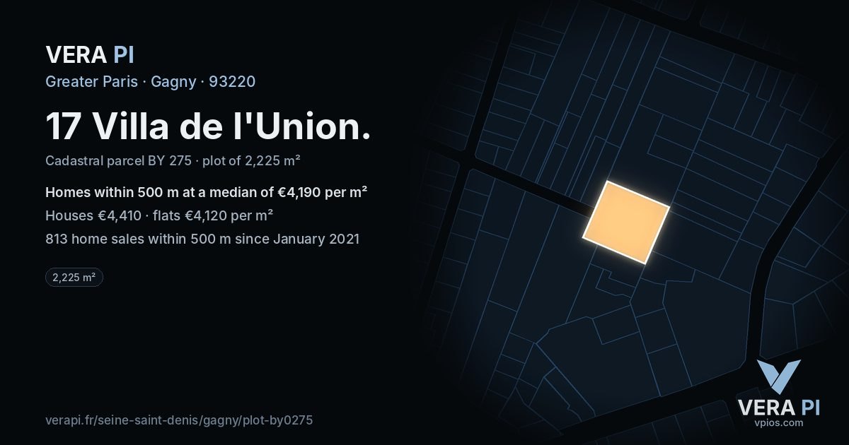 17 Villa de l'Union, Gagny at night – the plot lit, the parcels around coloured by the prices near them