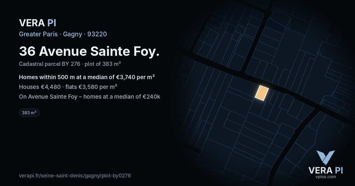 36 Avenue Sainte Foy, Gagny at night – the plot lit, the parcels around coloured by the prices near them