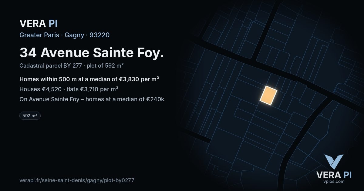 34 Avenue Sainte Foy, Gagny at night – the plot lit, the parcels around coloured by the prices near them