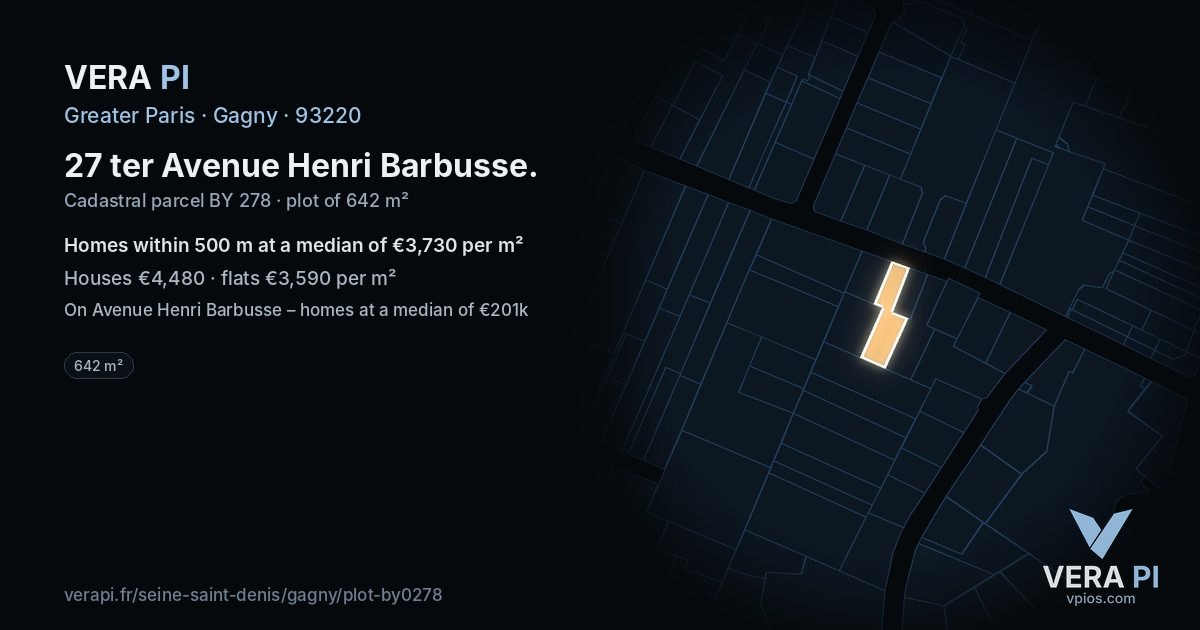27 ter Avenue Henri Barbusse, Gagny at night – the plot lit, the parcels around coloured by the prices near them