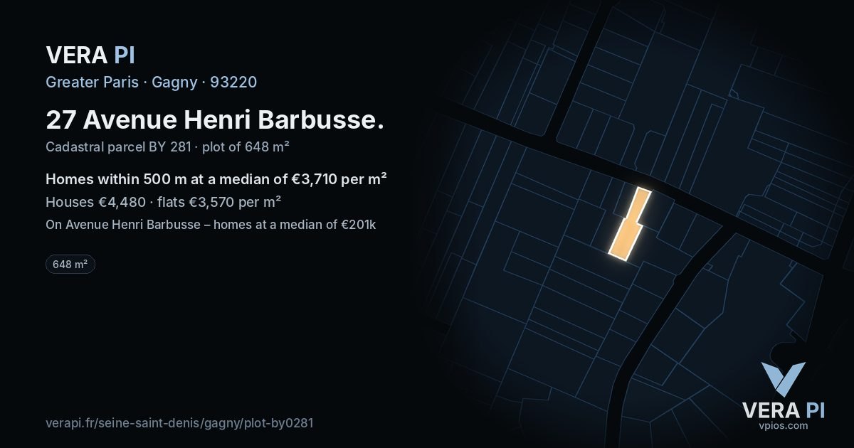 27 Avenue Henri Barbusse, Gagny at night – the plot lit, the parcels around coloured by the prices near them